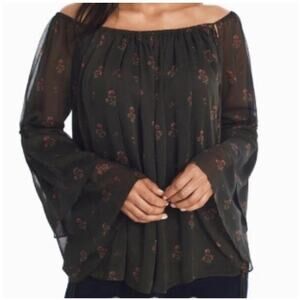 WHBM Whimsigoth Top Sheer Floral Bell Sleeve Peasant Boho Fairy Goth Vamp Green